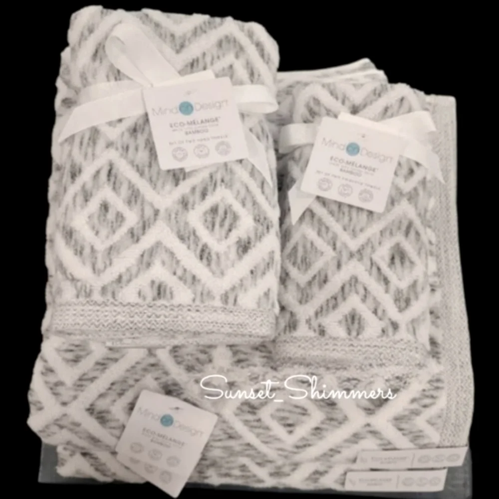6pc Mind On Design Bath Hand Tip Towel Set Diamond Geo Gray & White Marble NEW